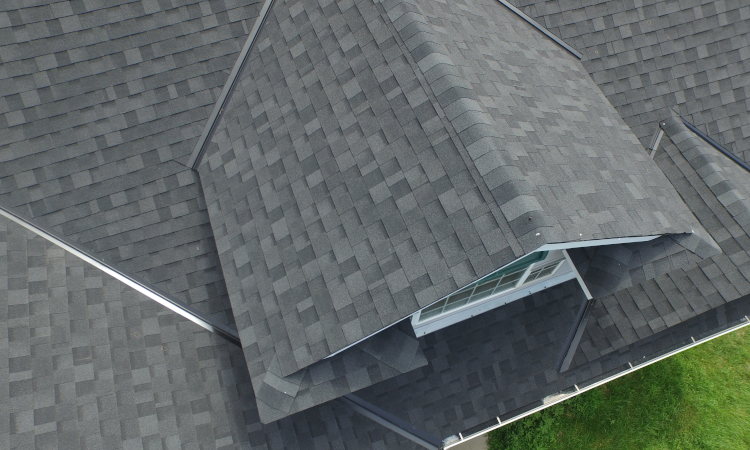 Aerial of a gray asphalt roof.